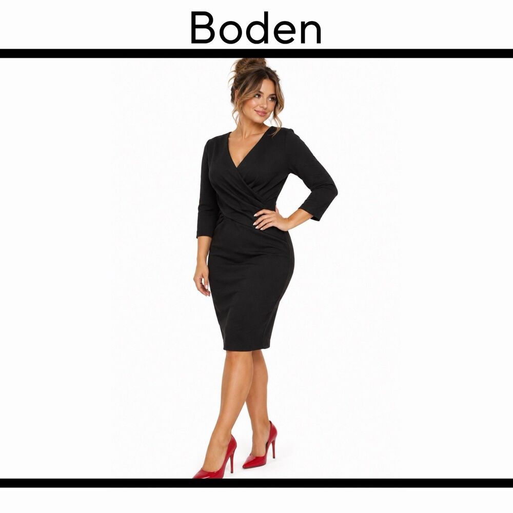 Boden Faux Wrap Black Dress V Neck Classic Women’s Size 12
